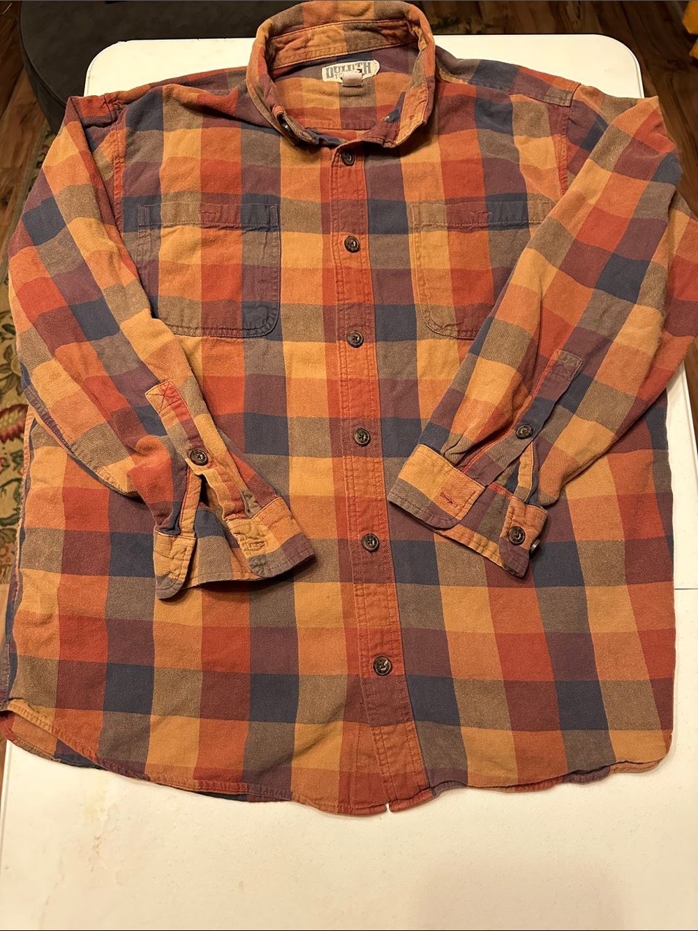 Duluth Trading Co Plaid Shirt in Rust, Mustard & Navy